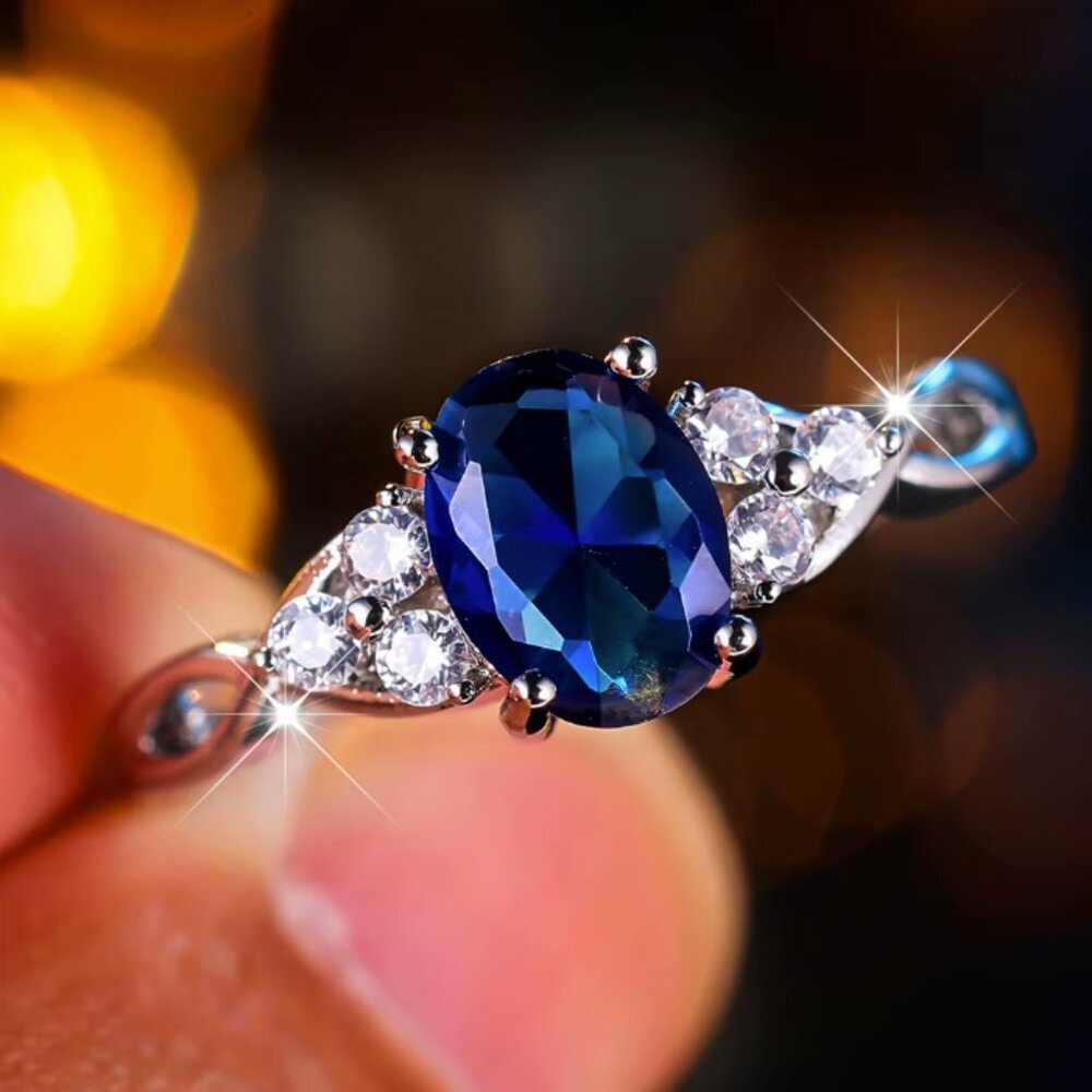14k White Gold Blue Sapphire Diamond Ring Oval Cut